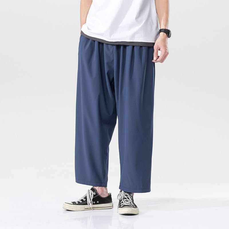 FORSETI - Effen cropped broek met wijde pijpen en trekkoordtaille