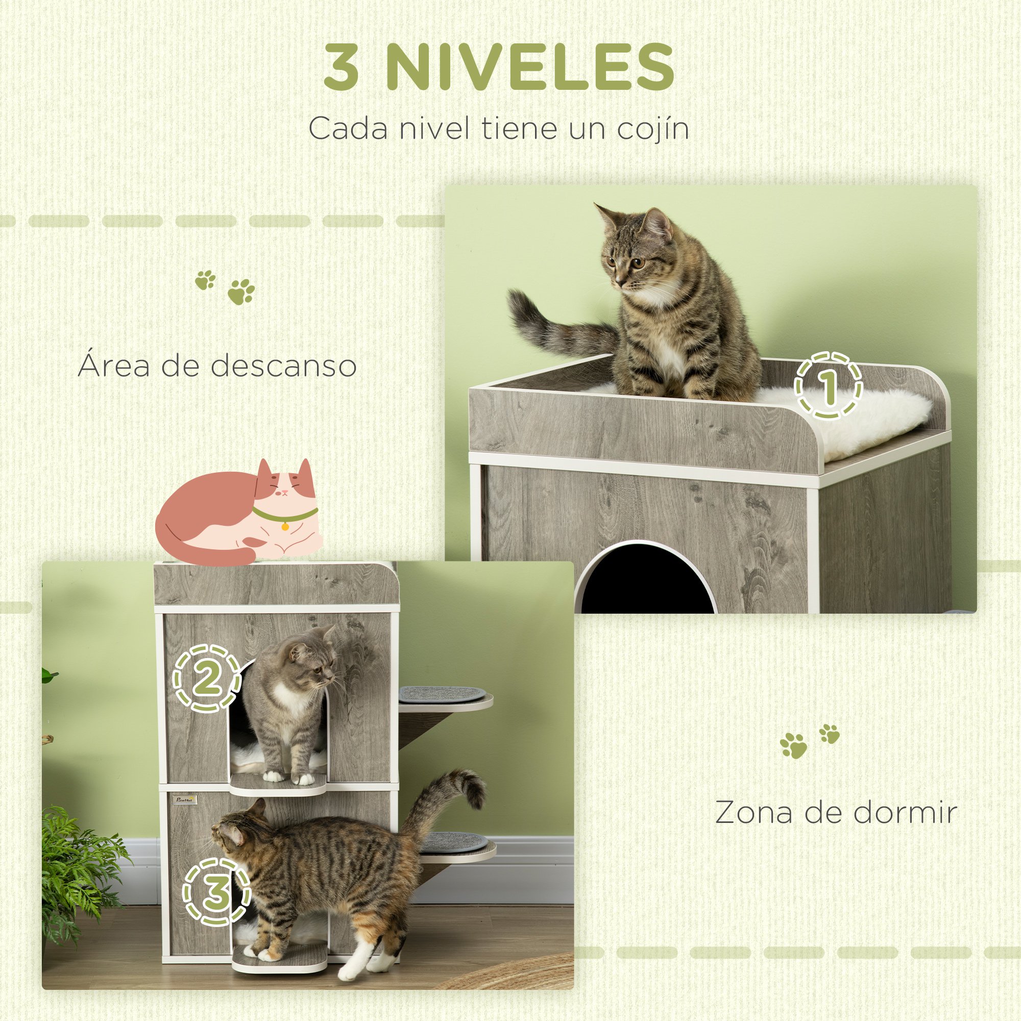 Casinha de madeira para gatos Pawhut, em formato de barril, com 3 almofadas, 2 orifícios frontais e 2 plataformas laterais, 68 x 53 x 80,5 cm, cinza.