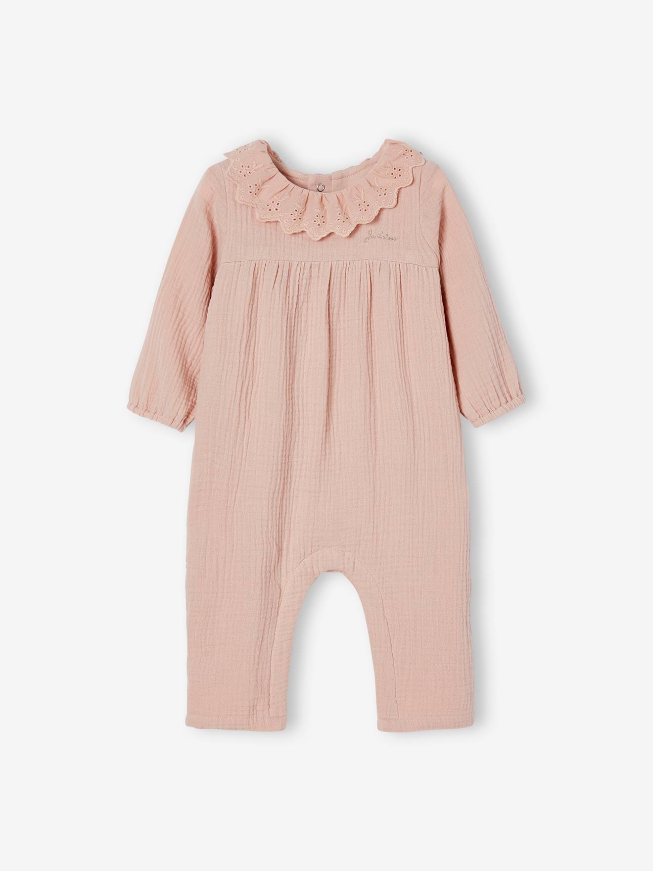 Macacão infantil rosa em chiffon de algodão, cor de maquiagem, com forro.