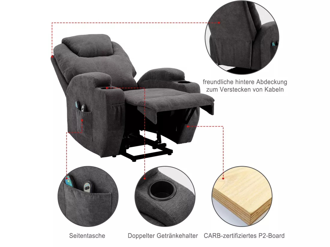 Fauteuil massant en tissu avec releveur électrique - Fauteuil de relaxation - Gris anthracite
