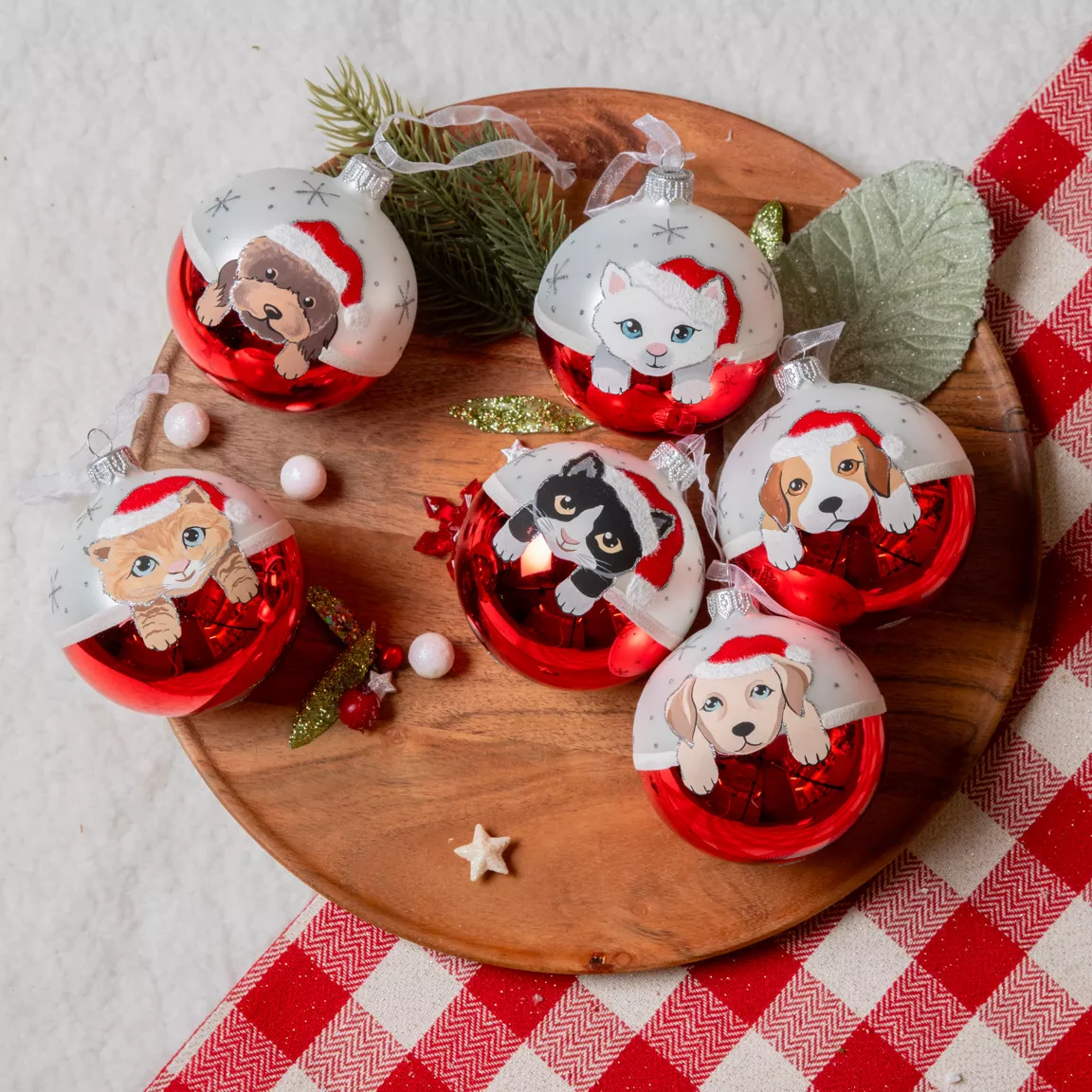 Lot de 6 boules de Noël en verre (D80 mm) Chiens et Chats