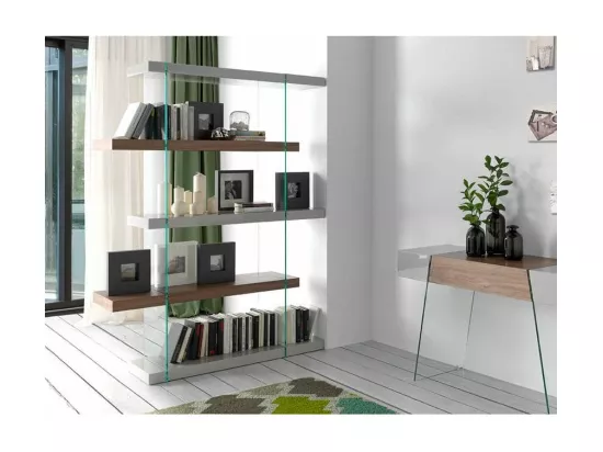 Etagère bois plaqué noyer et verre trempé 4 niveaux Boby