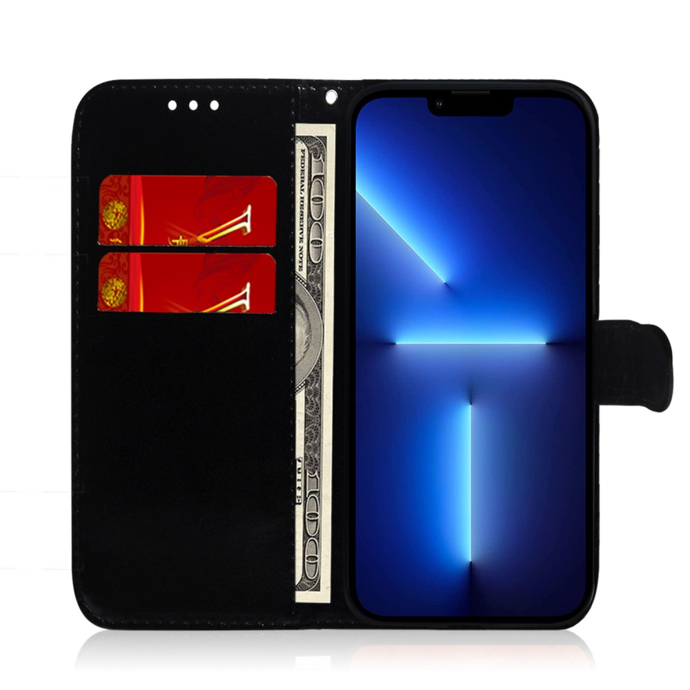 iPhone 13 Pro Leder Tasche Wallet mit Flower Laser Hologramm - Blau