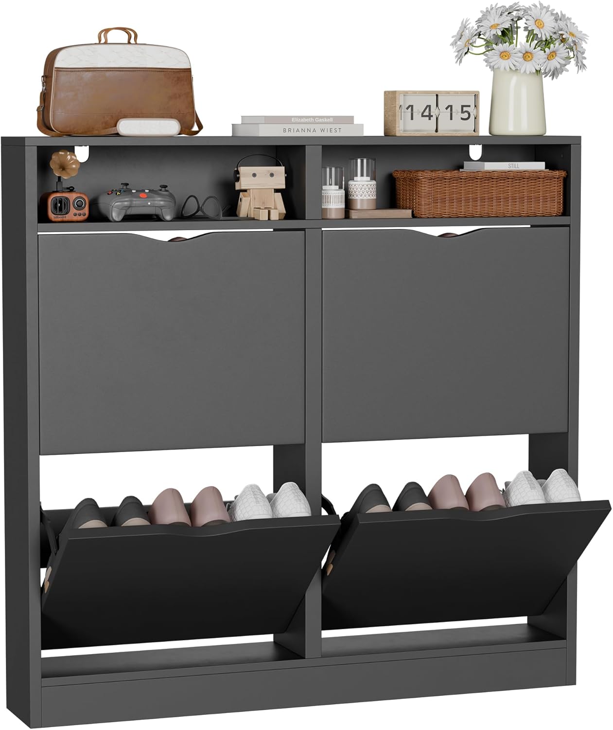 ELUCHANG Schuhschrank schmal mit 4 Klappen Platzsparender, Geschlossen Schuhregal Schuhkipper Schuhkommode mit 4 Ablagen, Shoe Cabinet Flurschrank für Diele/Flur/Garderobe, Schwarz