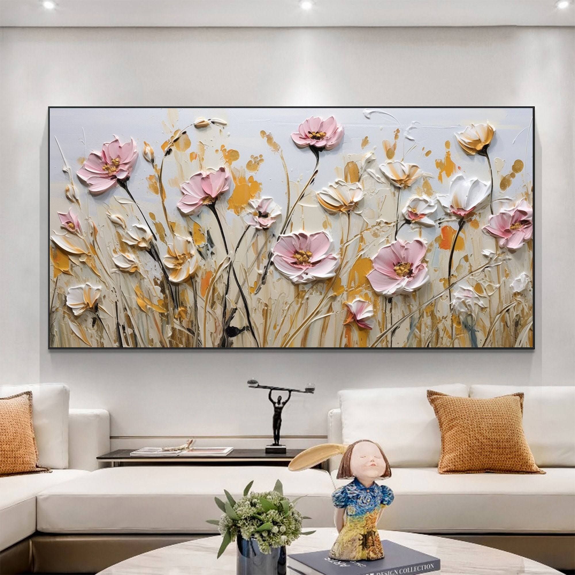 Minimalistische Blumen Ölgemälde Auf Leinwand, Große Wand Kunst, Original Abstrakte Blumen Kunst Rosa Dekor Benutzerdefinierte Malerei Wohnzimmer Wohn