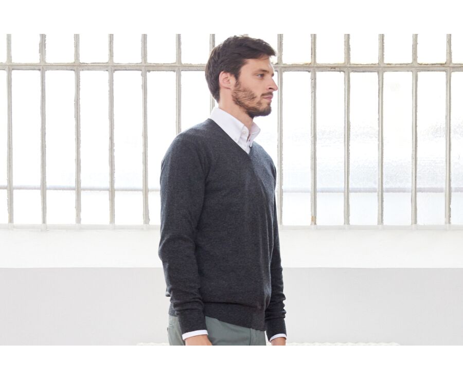 Pull homme laine col V Gris Anthracite Chiné - ELIAN