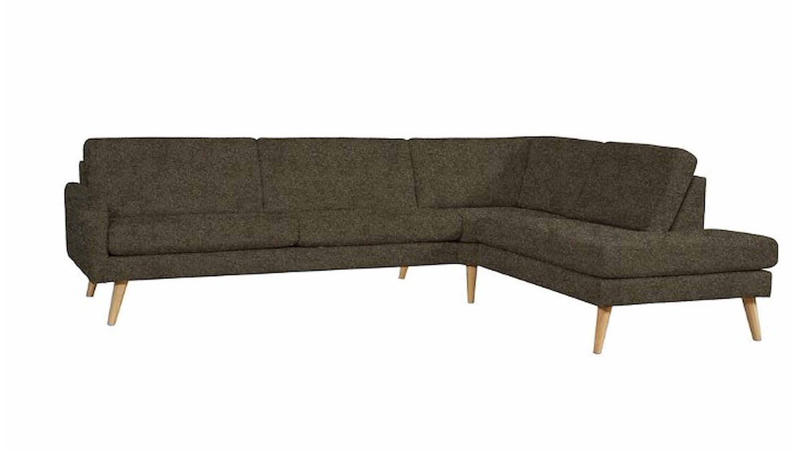 Villa hjørnesofa opsett RH 3-seter med åpen ende høyre. Tekstil Sneak 192 Wenge. Skrå ben eik natur. Arm 23. Lite hjørne. Fast/Fast. Duo