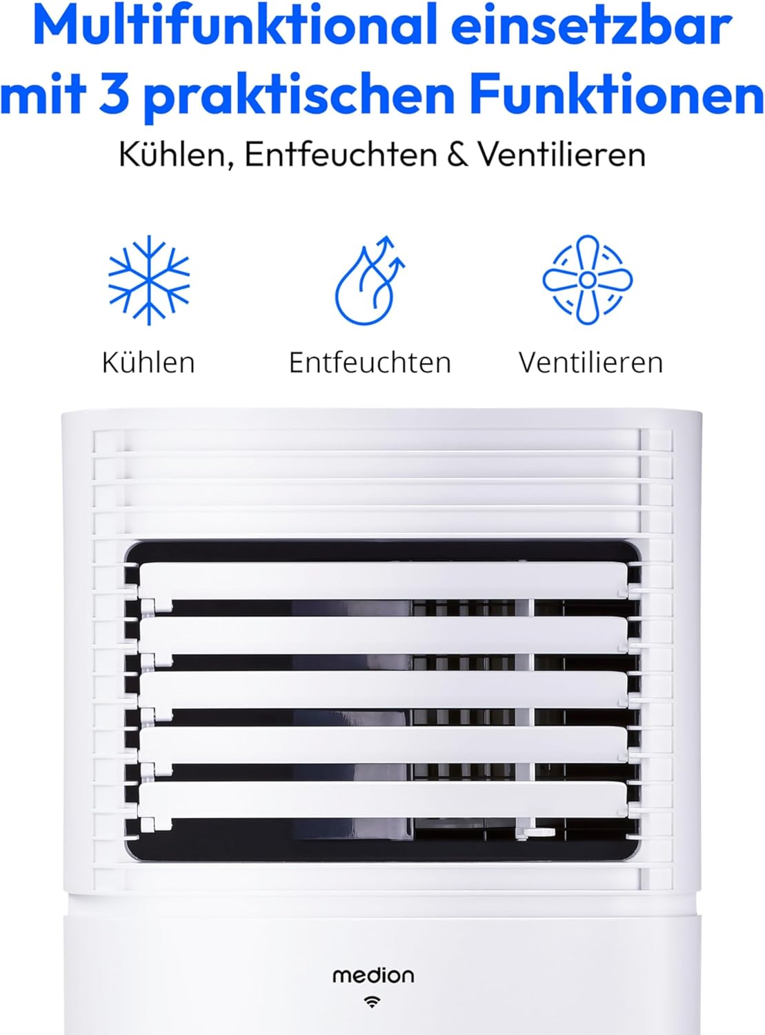 MEDION Smarte Mobile Klimaanlage mit Abluftschlauch P701 (7000 BTU, mobil, inkl. Fensterabdichtung, bis 25m², 3in1 Kühlen Entfeuchten Ventilieren, App- und Sprachsteuerung, Schlafmodus, MD 37672)