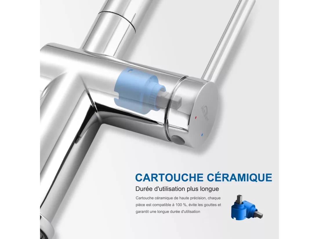 Mitigeur de Cuisine Douchette Extractible,,avec 2 Fonctions Robinet de Cuisine Rotatif à 360°,Acier Inoxydable,Eau Froide et Chaude,Chromé