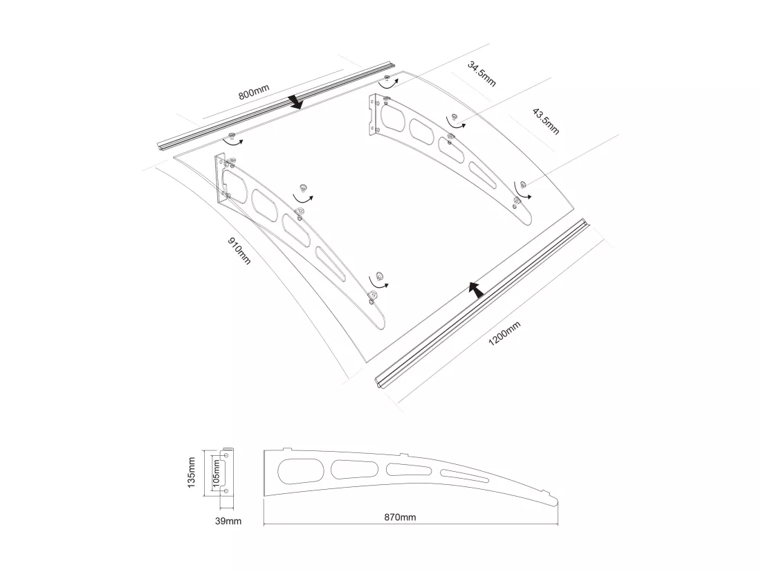 Auvent de porte en aluminium 120 x 90 cm courbé NEONA