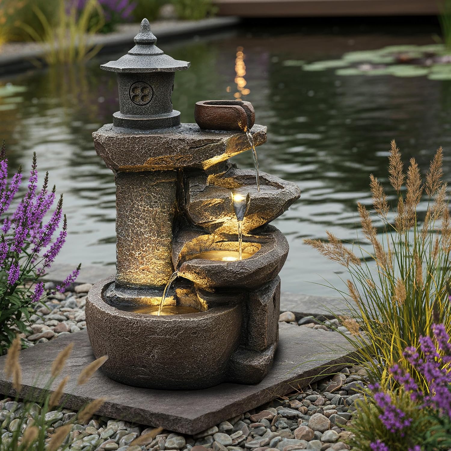 Arnusa Springbrunnen BK851 Wasserfall mit Beleuchtung Gartenbrunnen Zimmerbrunnen Kaskade Brunnen Terrassenbrunnen Dekoration, Braun Grau, 50x30 cm