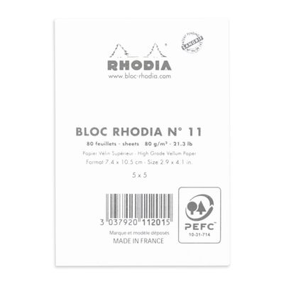 Rhodia - Bloc notes N°11 - A7 - 160 pages - petits carreaux - 80g - blanc