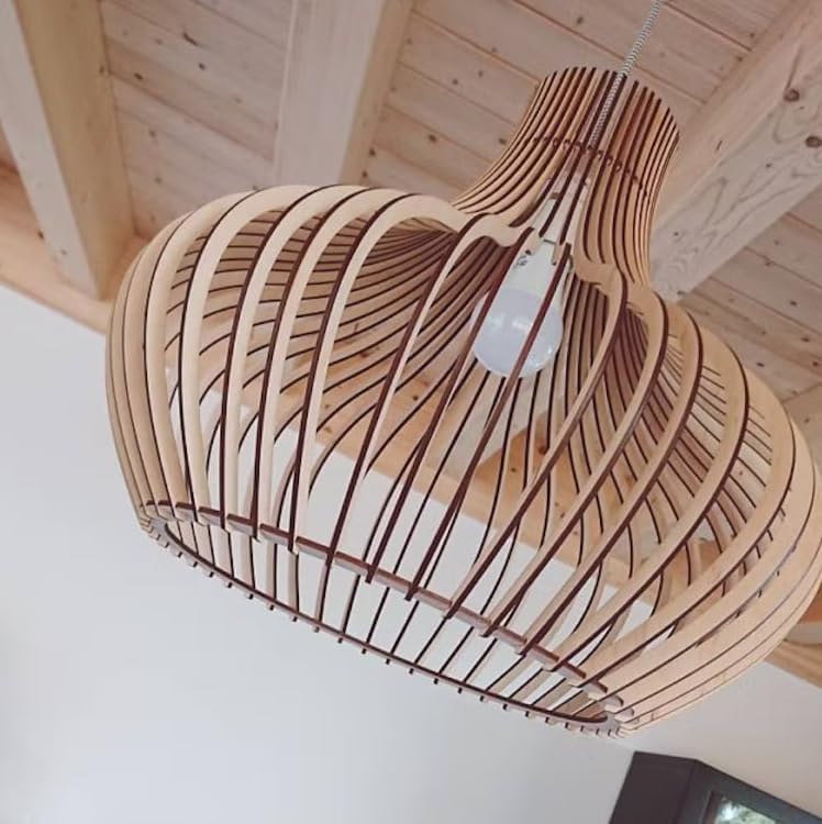 Pendelleuchte Holz „Iduna, skandinavische Hängelampe Esstisch + Wohnzimmer, Boho Hängeleuchte höhenverstellbar + dimmbar mit E27 Fassung (Höhe x Durchmesser 30 cm x 35 cm)