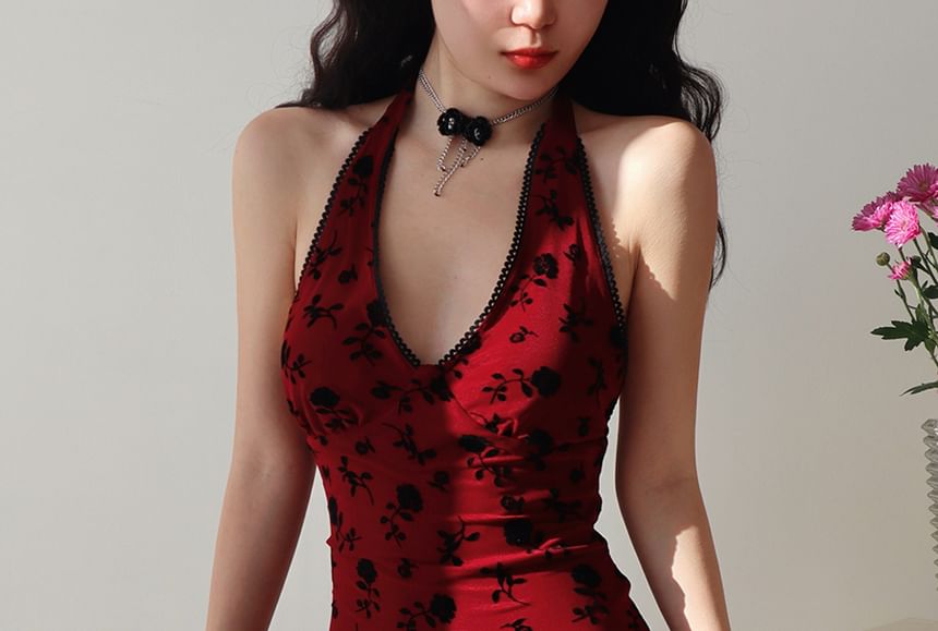 Honmizz - Halter V-hals mini-jurk met bloemenmotief