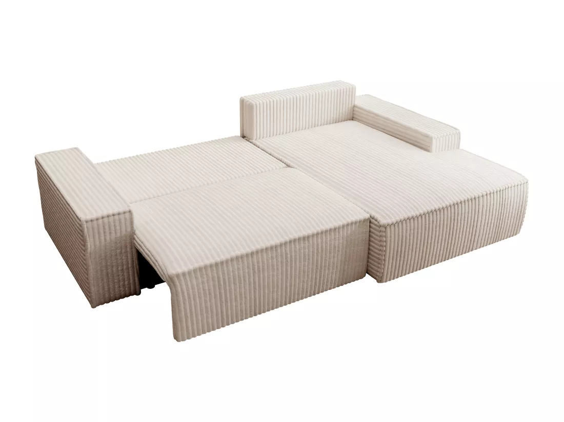 Canapé d'angle droit convertible en velours côtelé grosses côtes beige AMELIA