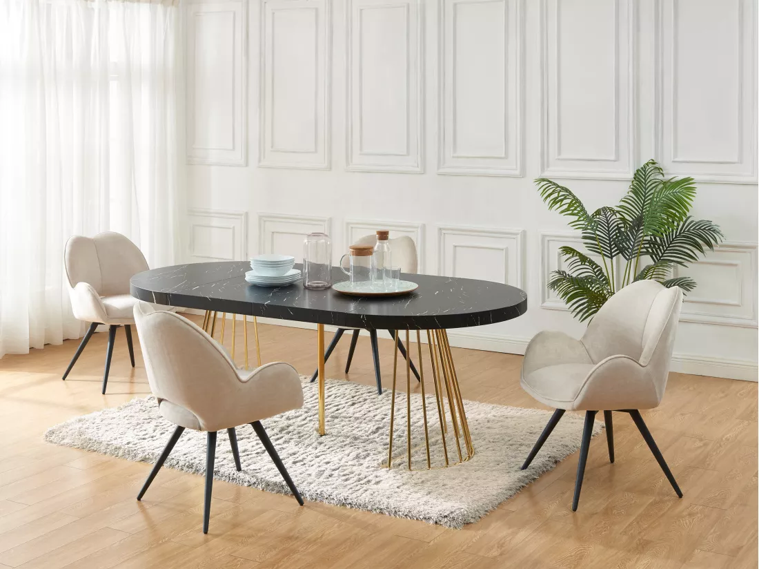 Table à manger extensible 2 à 12 personnes en MDF et acier - Effet marbre noir et Doré - FIRELA