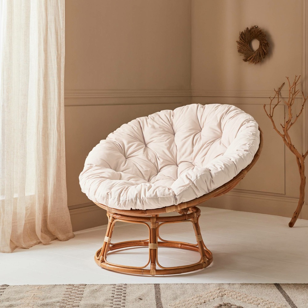 Fauteuil papasan en rotin avec coussin blanc ø113cm