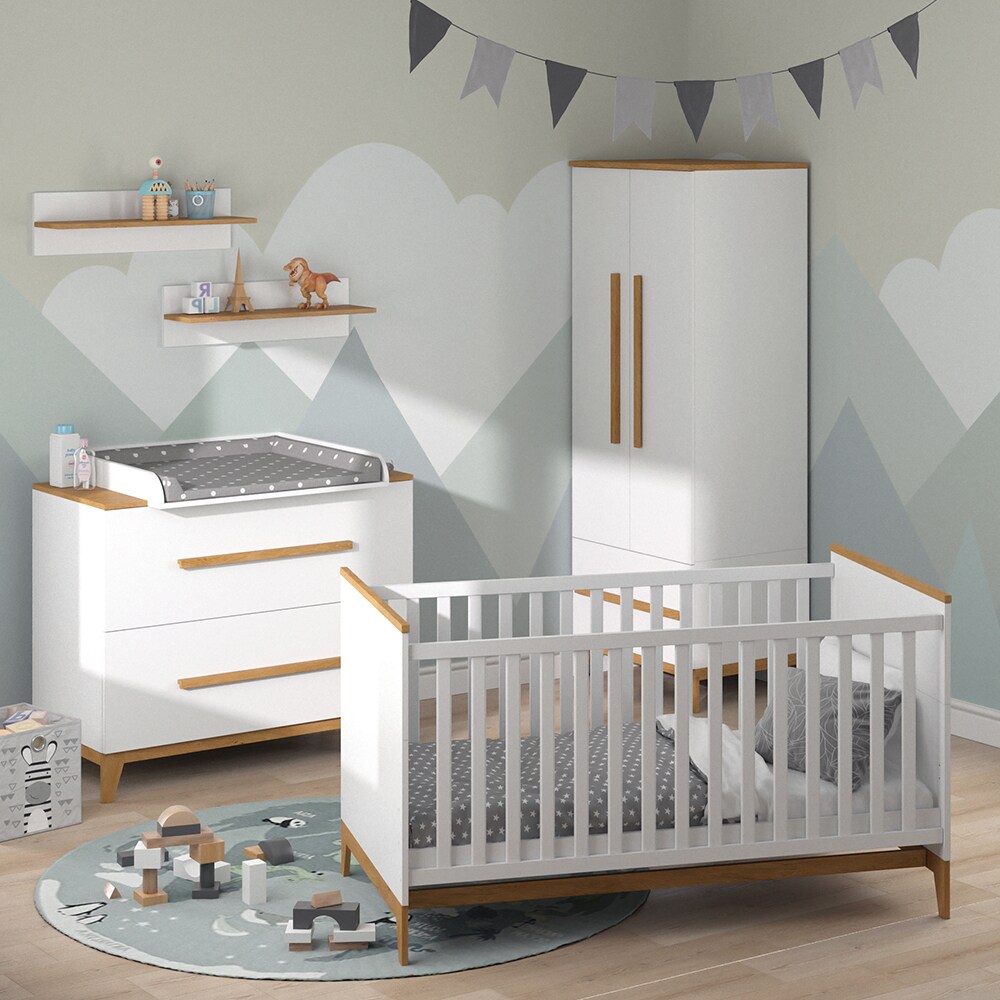 VitaliSpa Babymöbel Set Malia Weiß Eiche Wickelkommode Wandregal Kinderbett Kleiderschrank Kinderzimmermöbel Wickelauflage Aufbewahrung Lattenrost Rausfallschutz Kleiderstange
