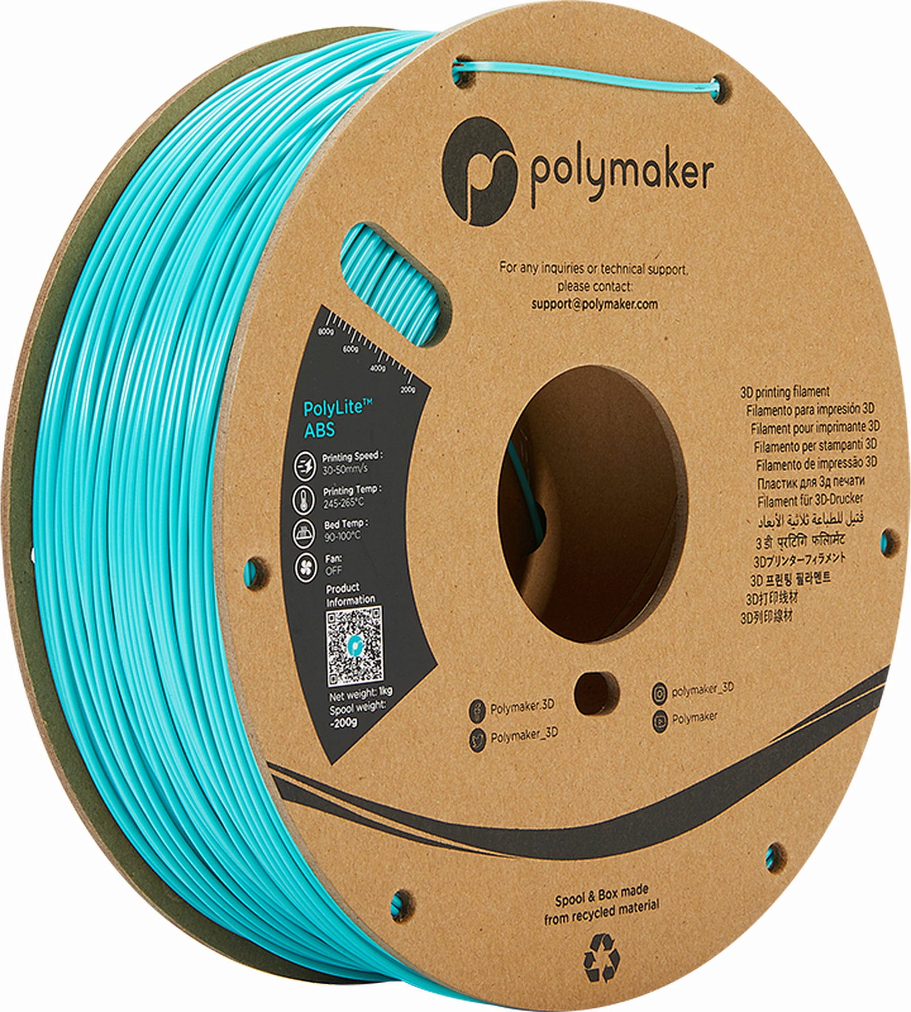 Polymaker  PolyLite ABS Türkis, 1,75 mm (1.000 g)    Außergewöhnliche Qualität mit PolyLite ABS in Türkis