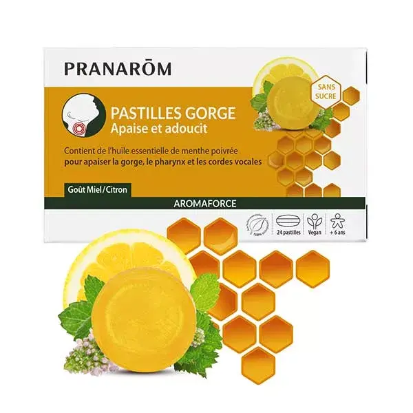 Pastilhas para a garganta Pranarom Aromaforce com mel e limão, 24 unidades.
