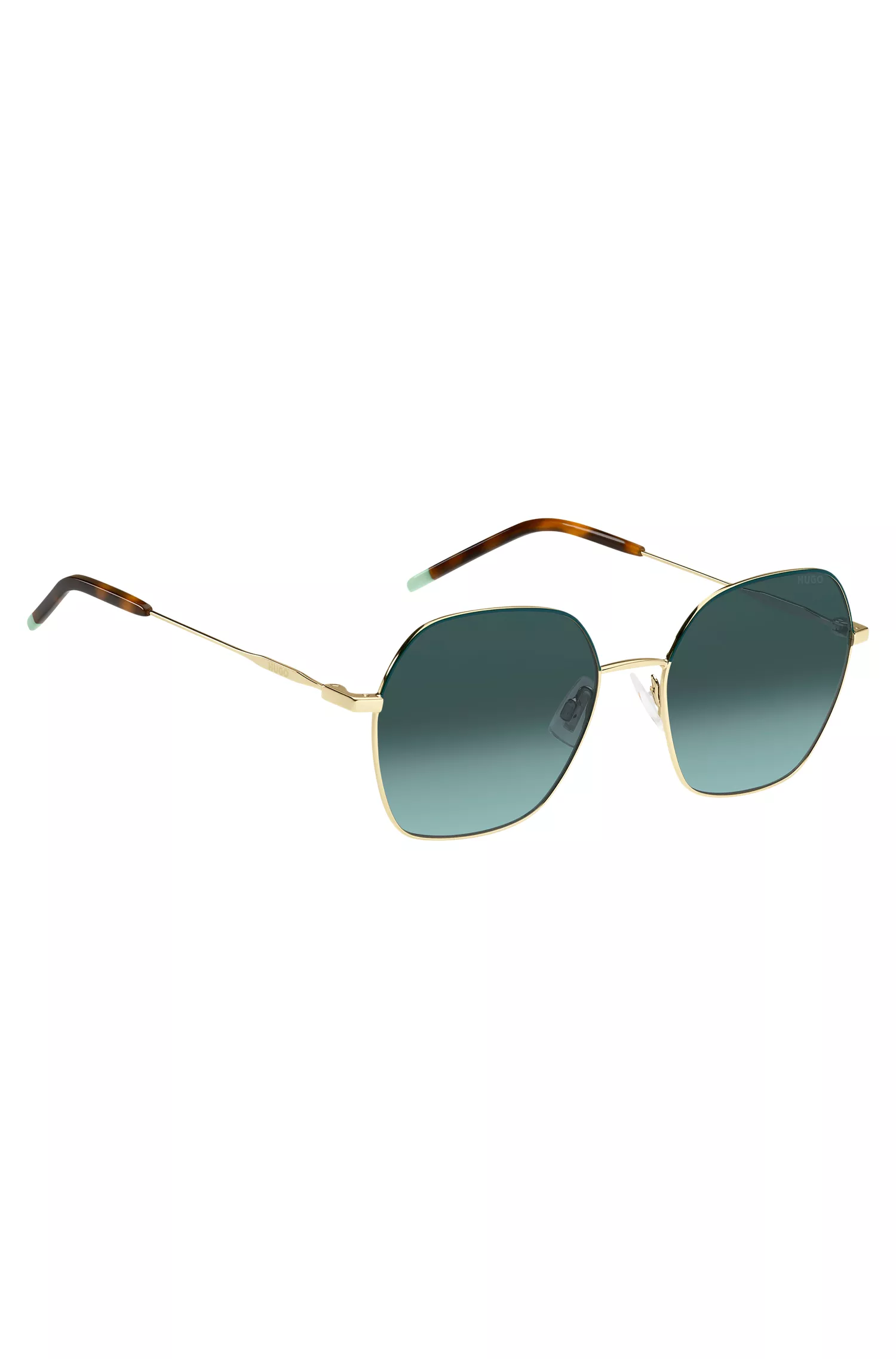 Óculos de sol HUGO em tons de vermelho e dourado com ponteiras em acetato Havana.
