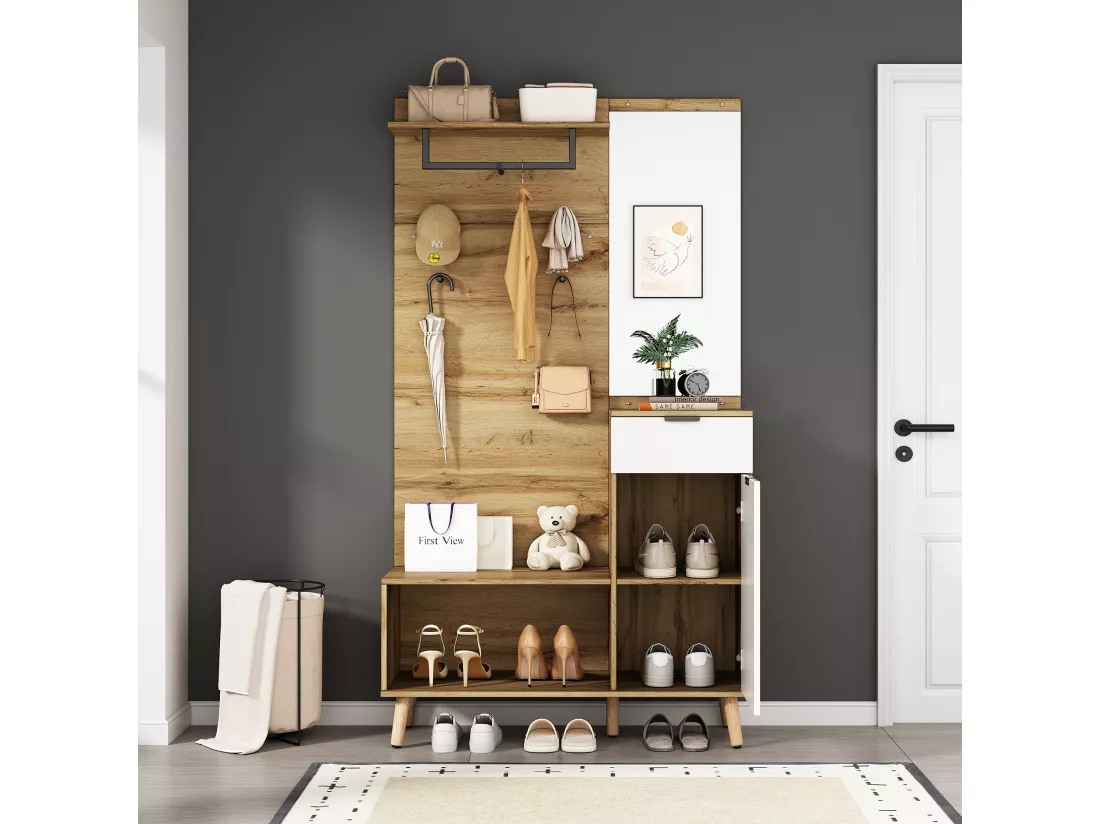 Vestiaire avec porte manteau + meuble à chaussures + miroir - Naturel