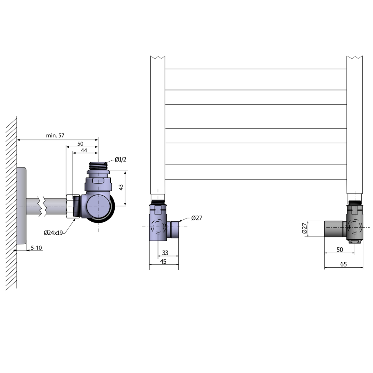 Sapho Corner Combi handdoekradiator midden aansluitset chroom