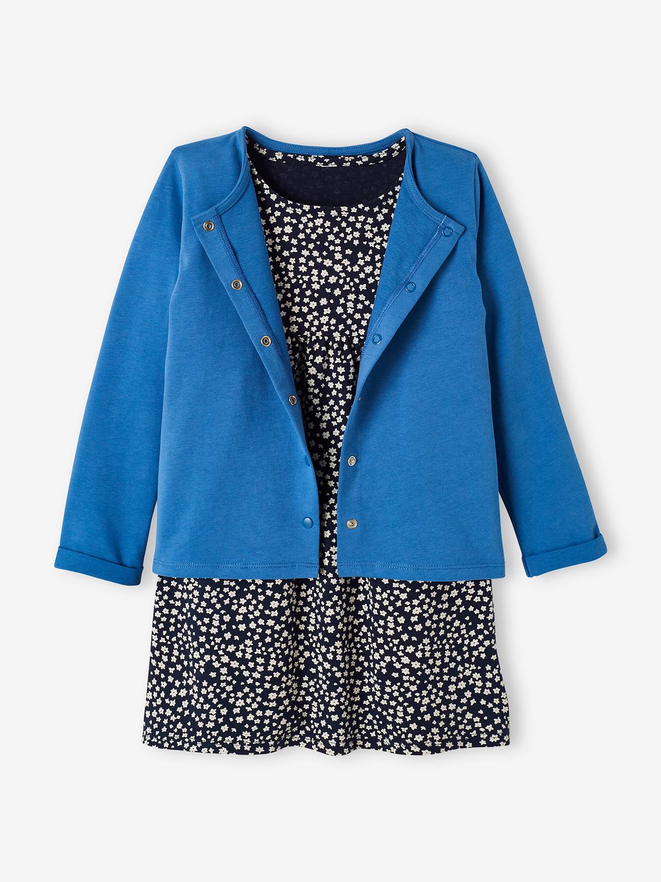 Conjunto de vestido e casaquinho infantil, azul médio liso