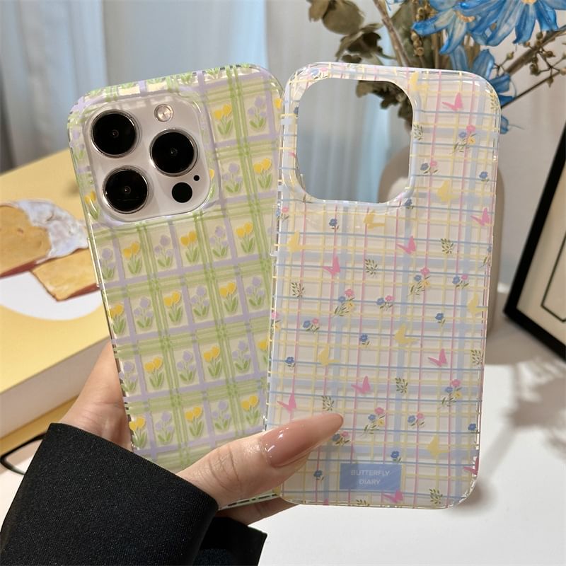 Fonekase - Bloemen geruit telefoonhoesje - Apple iPhone 16 Pro Max / 16 Pro / 16 Plus / 16 / 15 Pro Max / 15 Pro / 15 Plus / 15 / 14 Pro Max / 14 Pro / 14 Plus / 14 / SE / 13 Pro Max / 13 Pro / 13