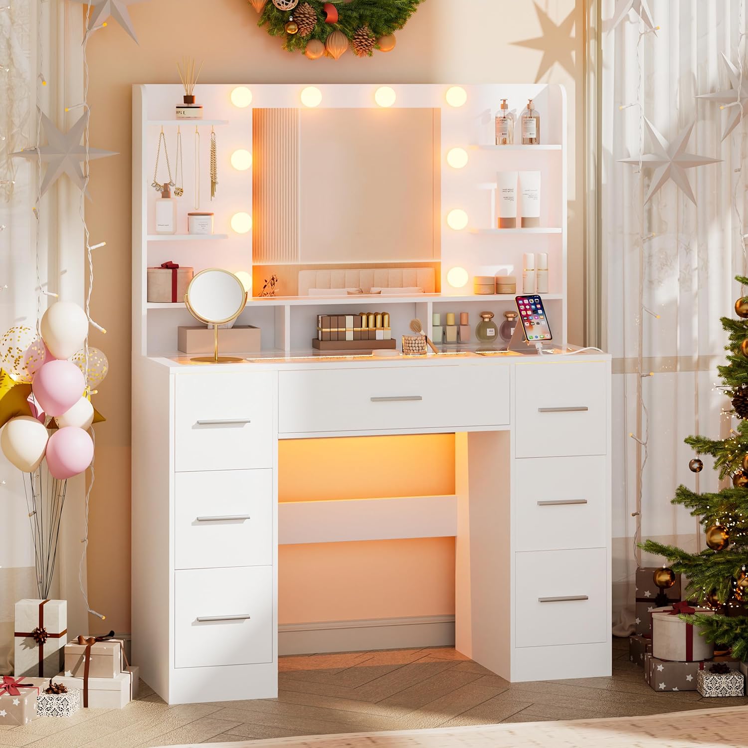 Schminktisch mit LED-Spiegel & Arbeitsplatz, 120x60x175 cm 6 Schubladen inkl. USB-Steckdose, Hollywood-Beleuchtung 3 Modi, 8 Ablagen, 14 Haken, 32 cm Kosmetikschrank, Ohne Hocker (Large 2)