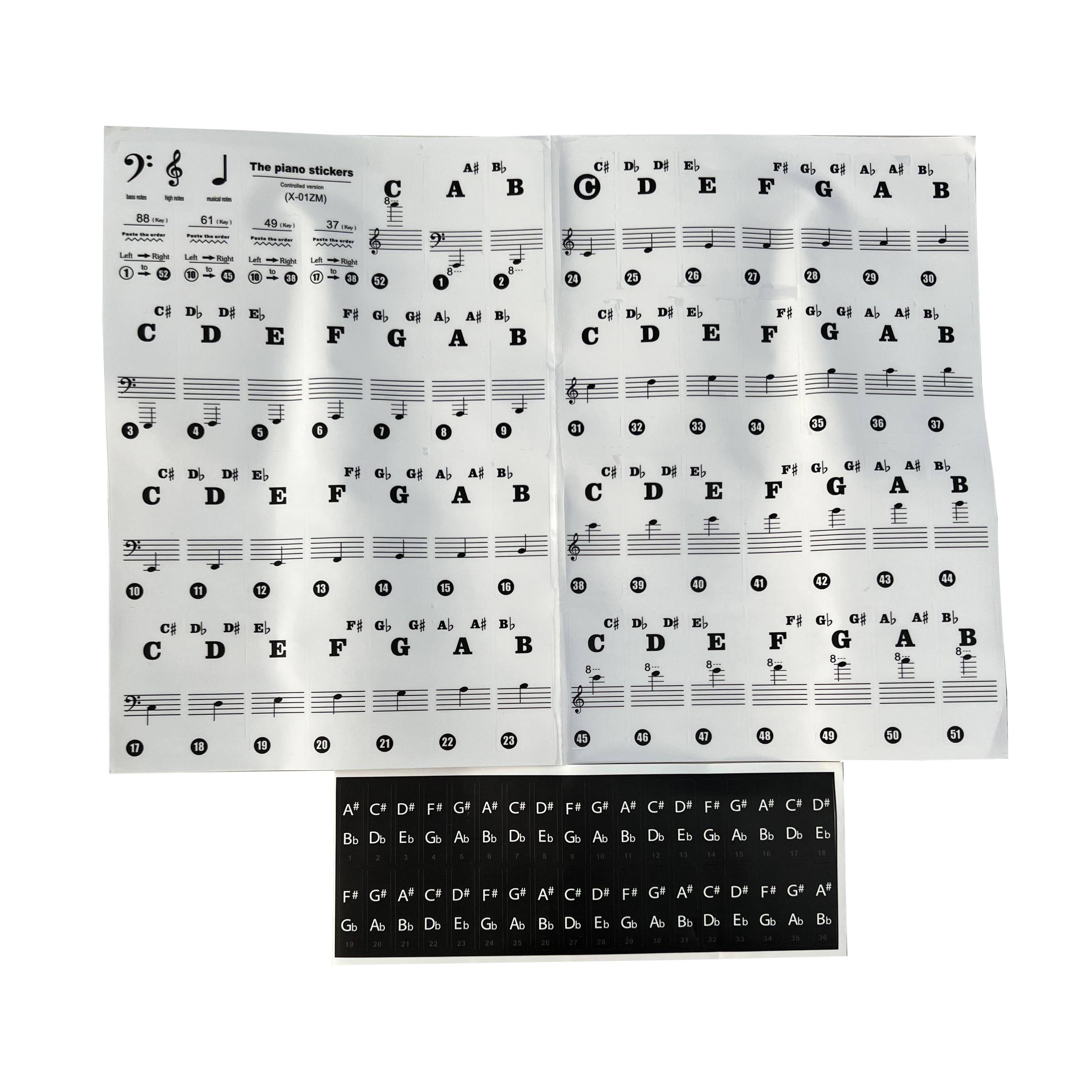 Klavier Sticker Keyboardnoten Aufkleber für 37/49/54/61/76/88 Tasten - Schwarz / Weiss