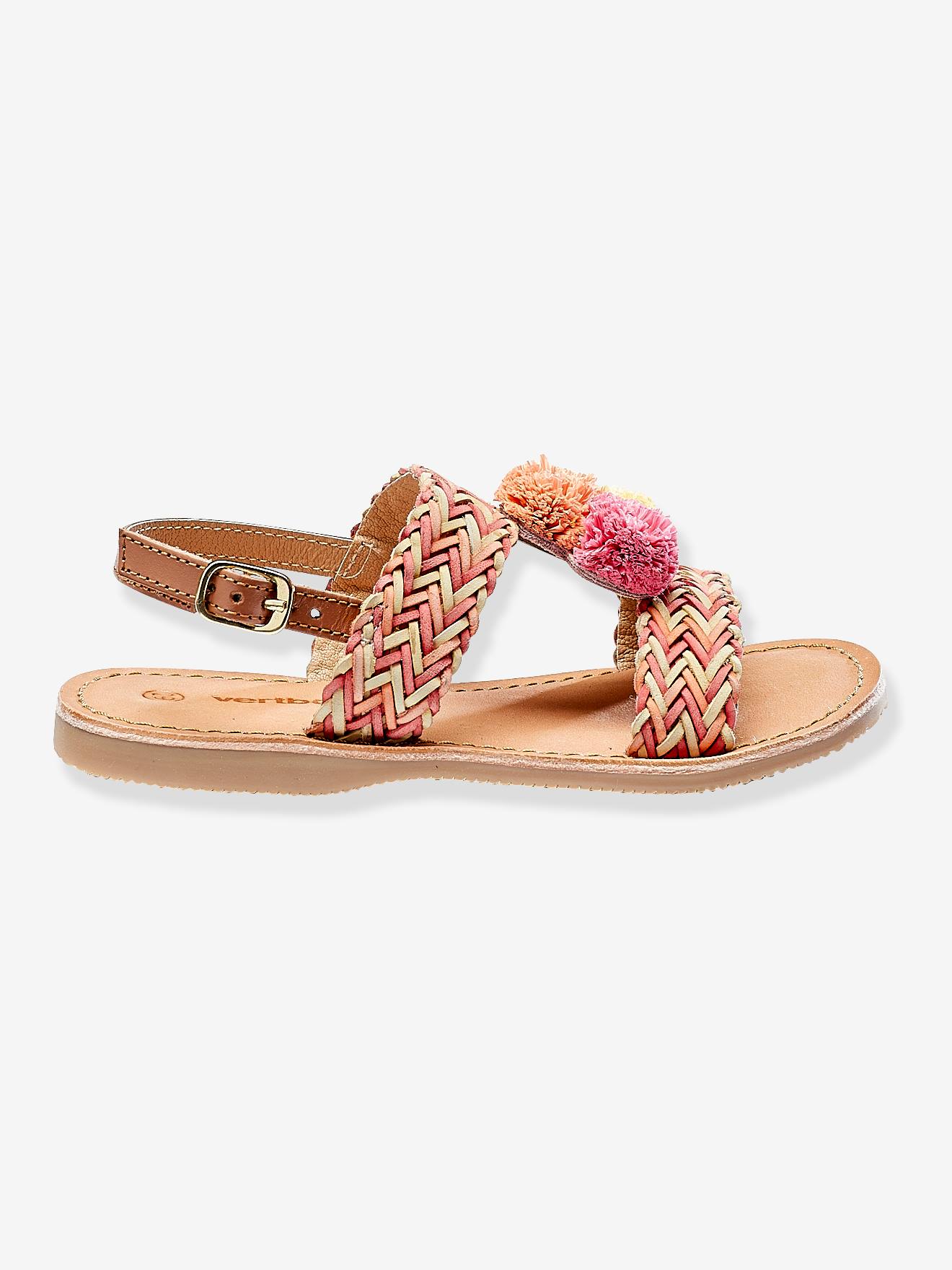Sandálias de couro para meninas com borlas, rosa médio, lisas com motivos.