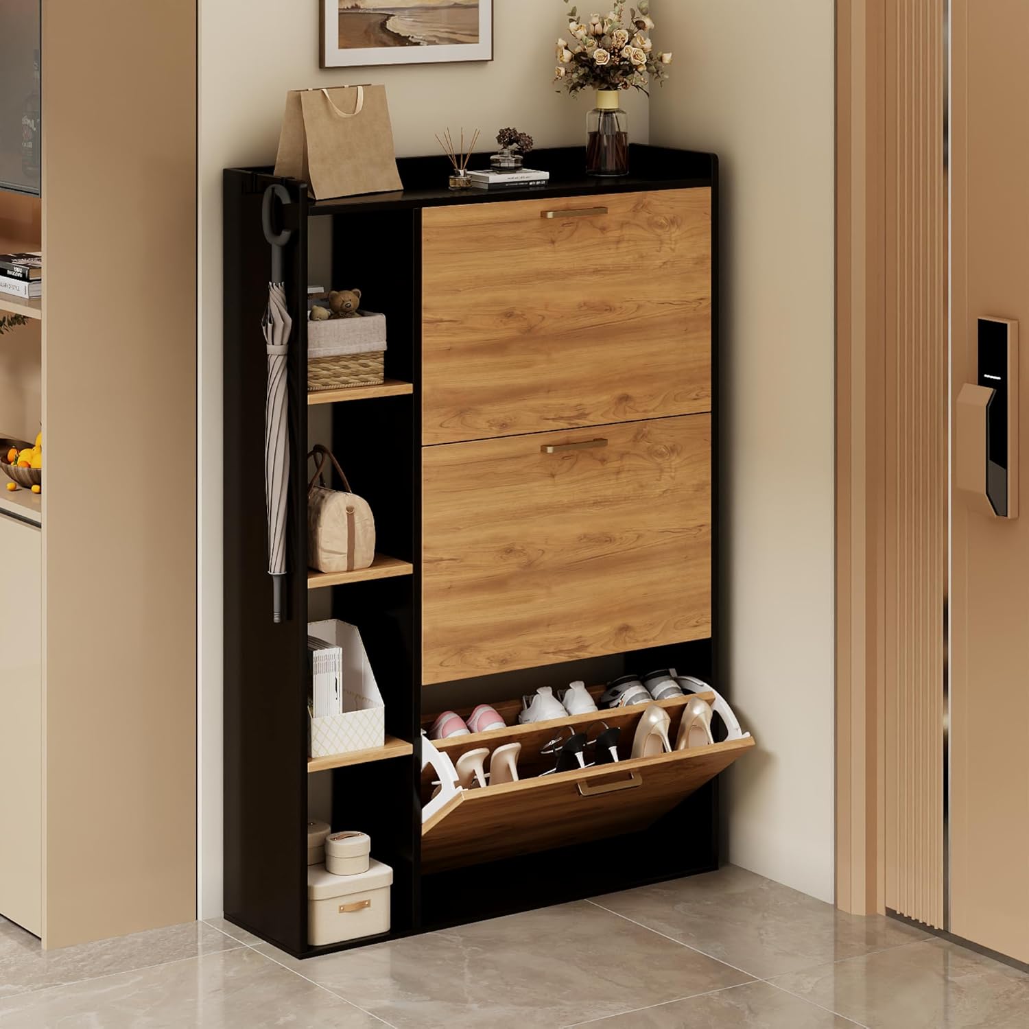 Meuble à Chaussures 18-24 Paires Meuble de Rangement à Chaussure avec 4 Compartiments de Rangement pour Salon, Couloir, entrée 80x24x122cm Noir et Orange NT2901929
