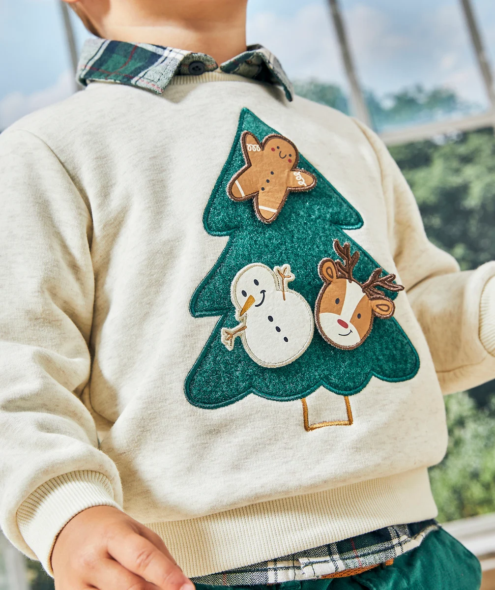 PULL DE NOËL BÉBÉ GARÇON EN FIBRES RECYCLÉES ÉCRU CHINÉ AVEC SAPIN EN SCRATCH
