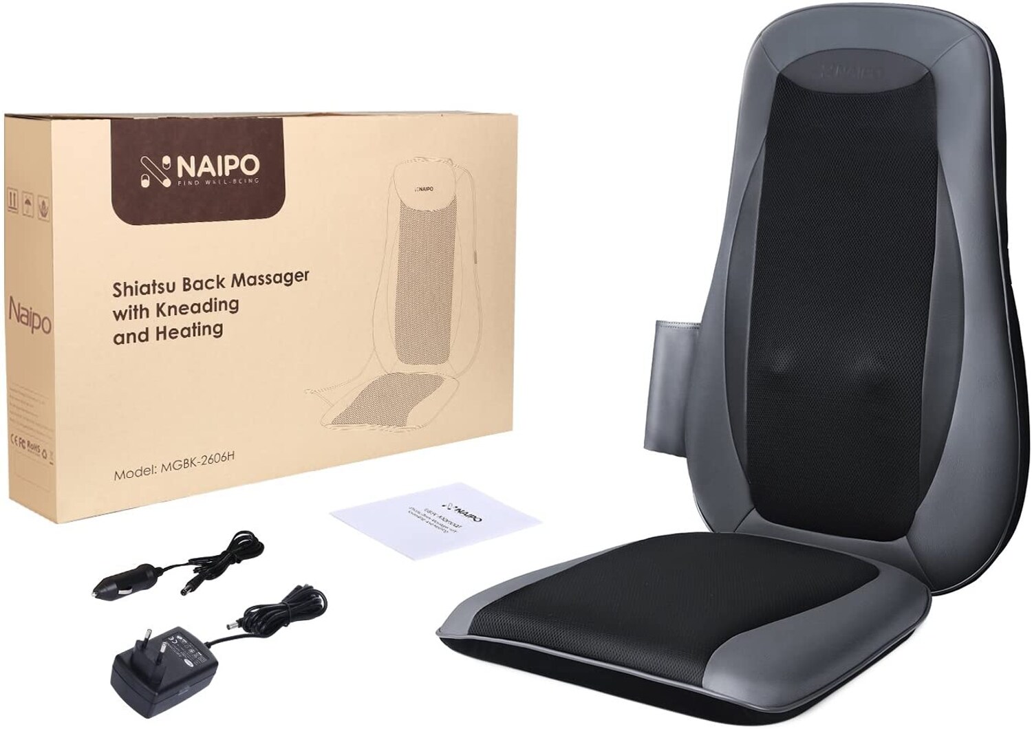 NAIPO Rücken Massagegerät Massagesitzauflagen mit Shiatsu Wärme Tiefenmassage Rollmassage Vibration für oberen unteren komplett Rücken MGBK-2606H