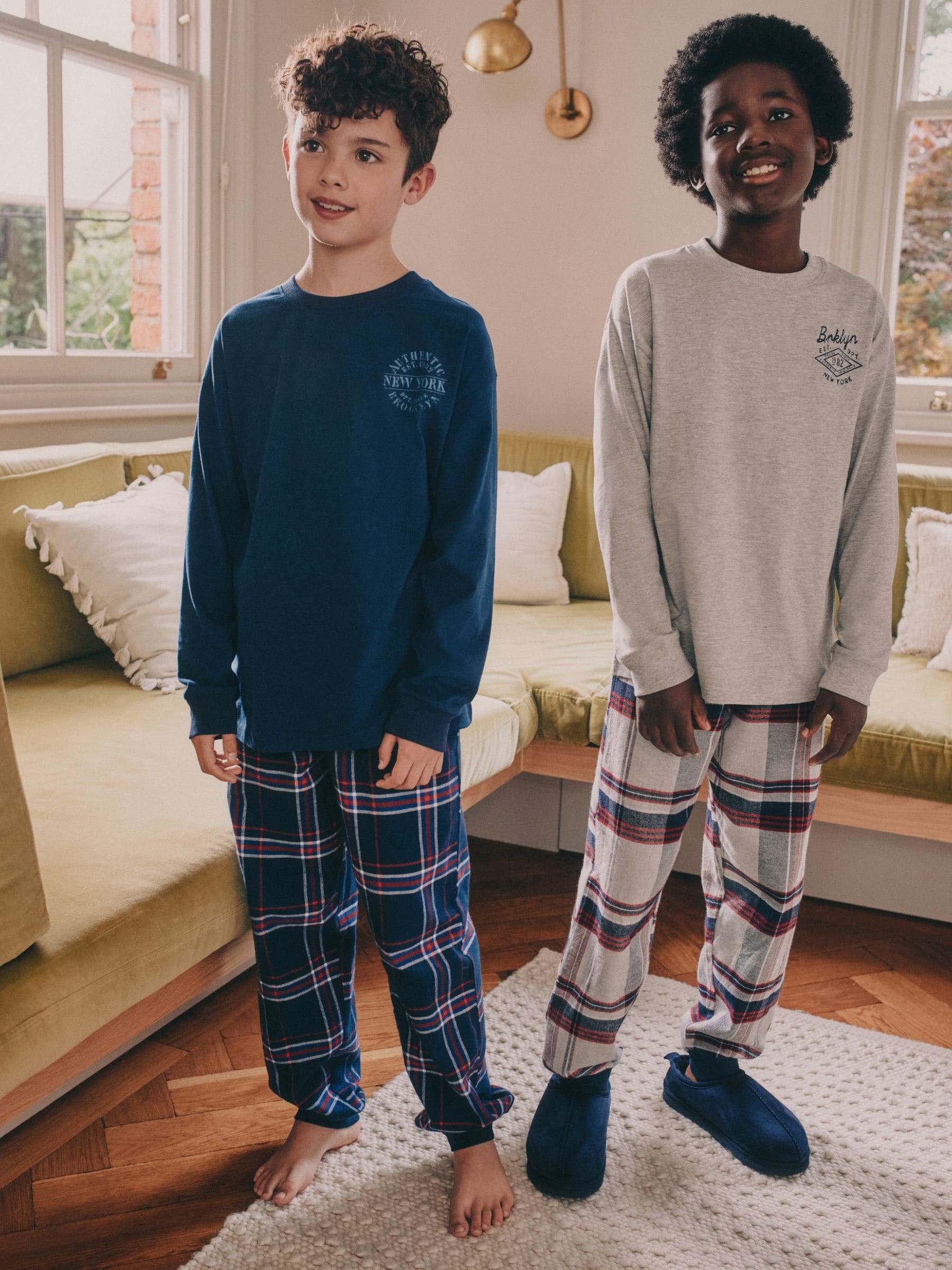 Grijs/blauw - Set van 2 geweven geruite pyjama's met lange mouwen (3-16jr)