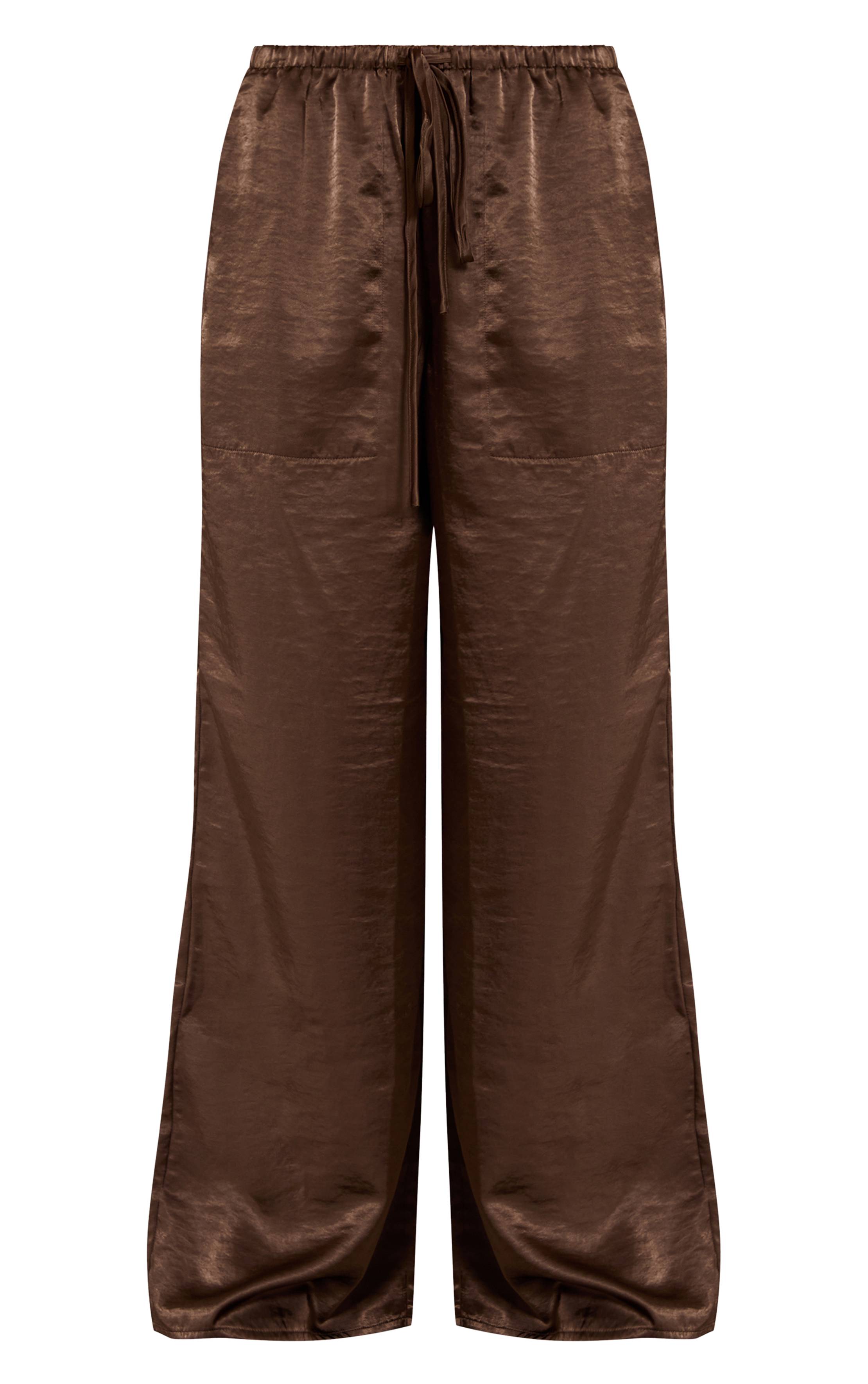 Vert Olive Foncé Pantalon Ample À Cordon En Satin Froissé