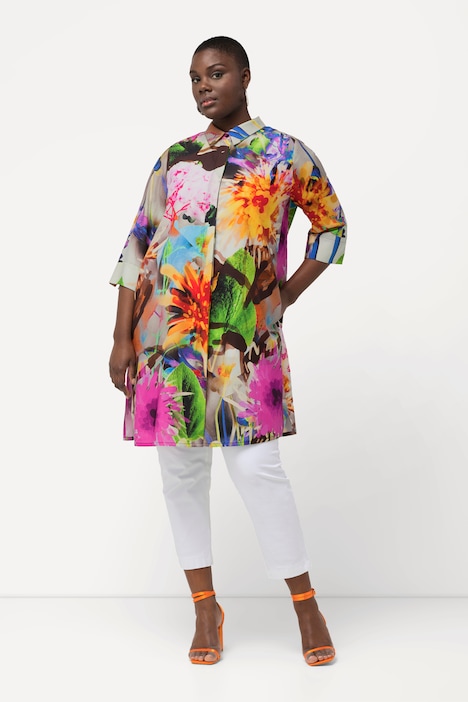 Lyocell-Longbluse, Blüten, Hemdkragen, 3/4-Arm