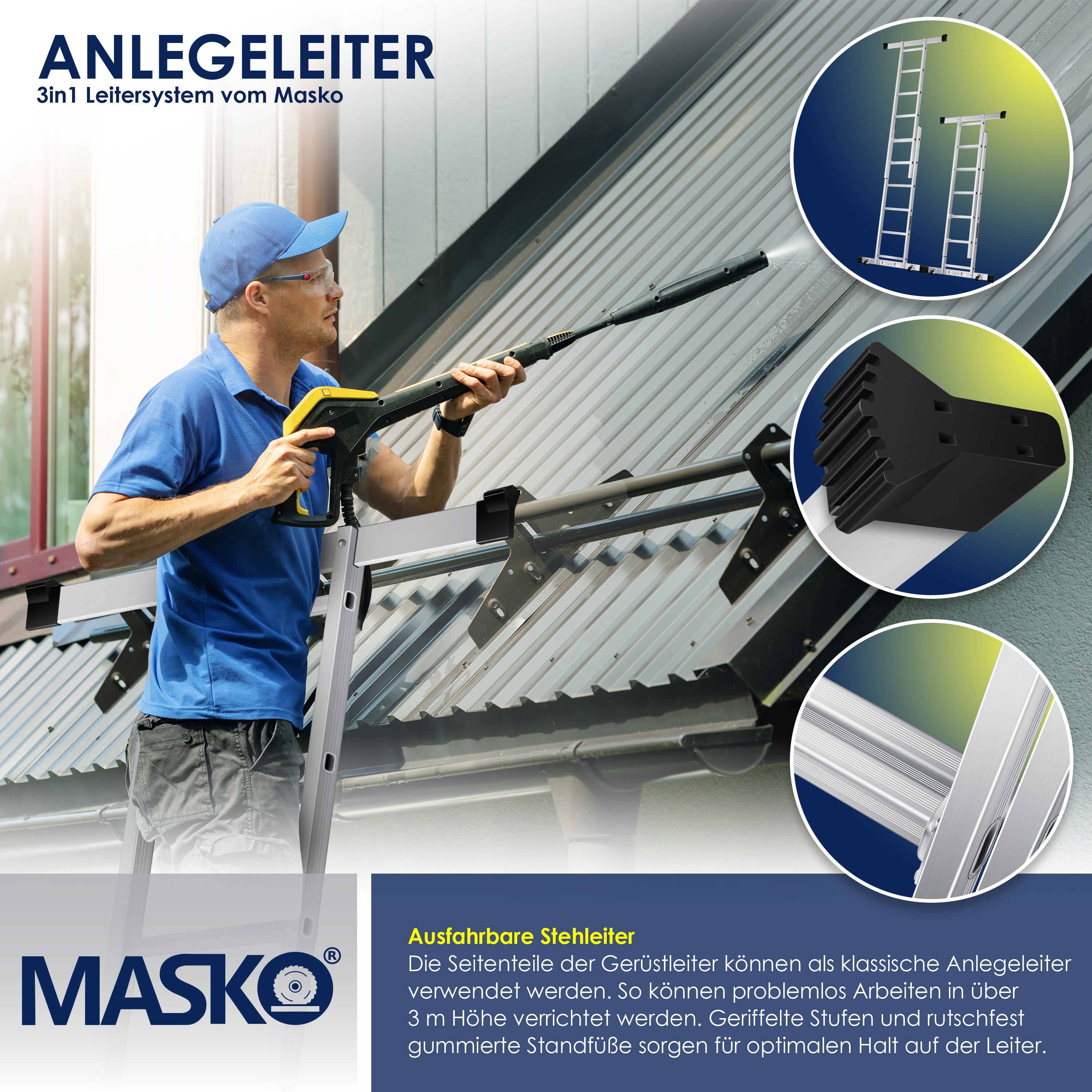 Masko® Baugerüst Alugerüst Gerüst ? Alu ? Leiter ? Arbeitsgerüst ? Arbeitsbühne | bis 150 KG belastbar | Anti-Rutsch beschichtet | Gerüstleiter |GS geprüft (EN 131)