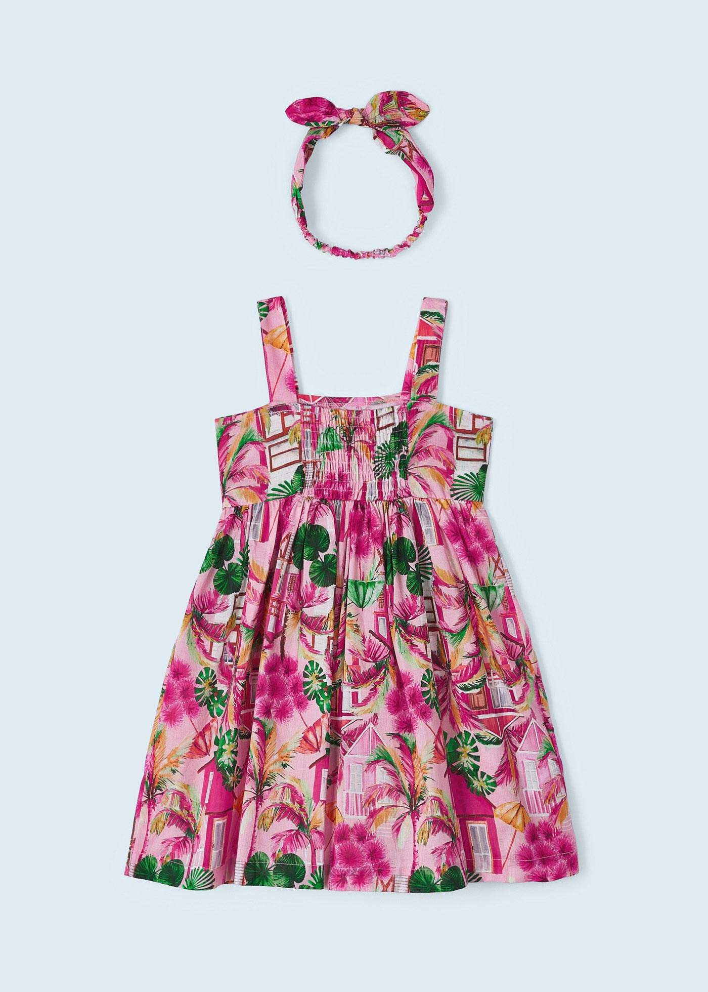 Vestido estampado com faixa de cabelo elástica de algodão para meninas