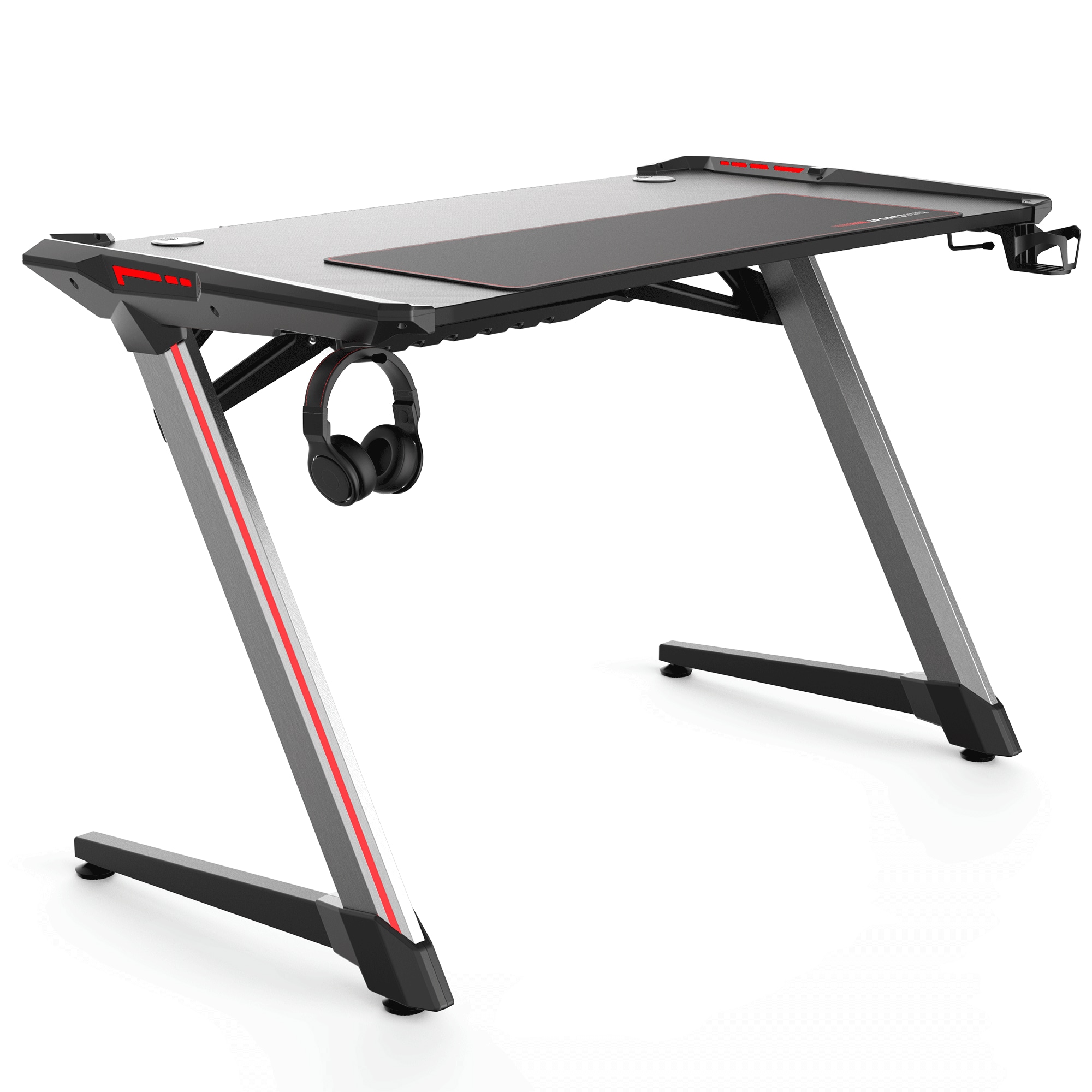 EXCAPE Gaming Tisch Z12 ULTRA mit LED/RGB Beleuchtung 120cm Breit, Carbon-Optik, Schreibtisch Gaming, Gamingtisch Getränkehalter, Kopfhörerhalter, PC Tisch Gamer, Tischplatten / 120cm x 60xm