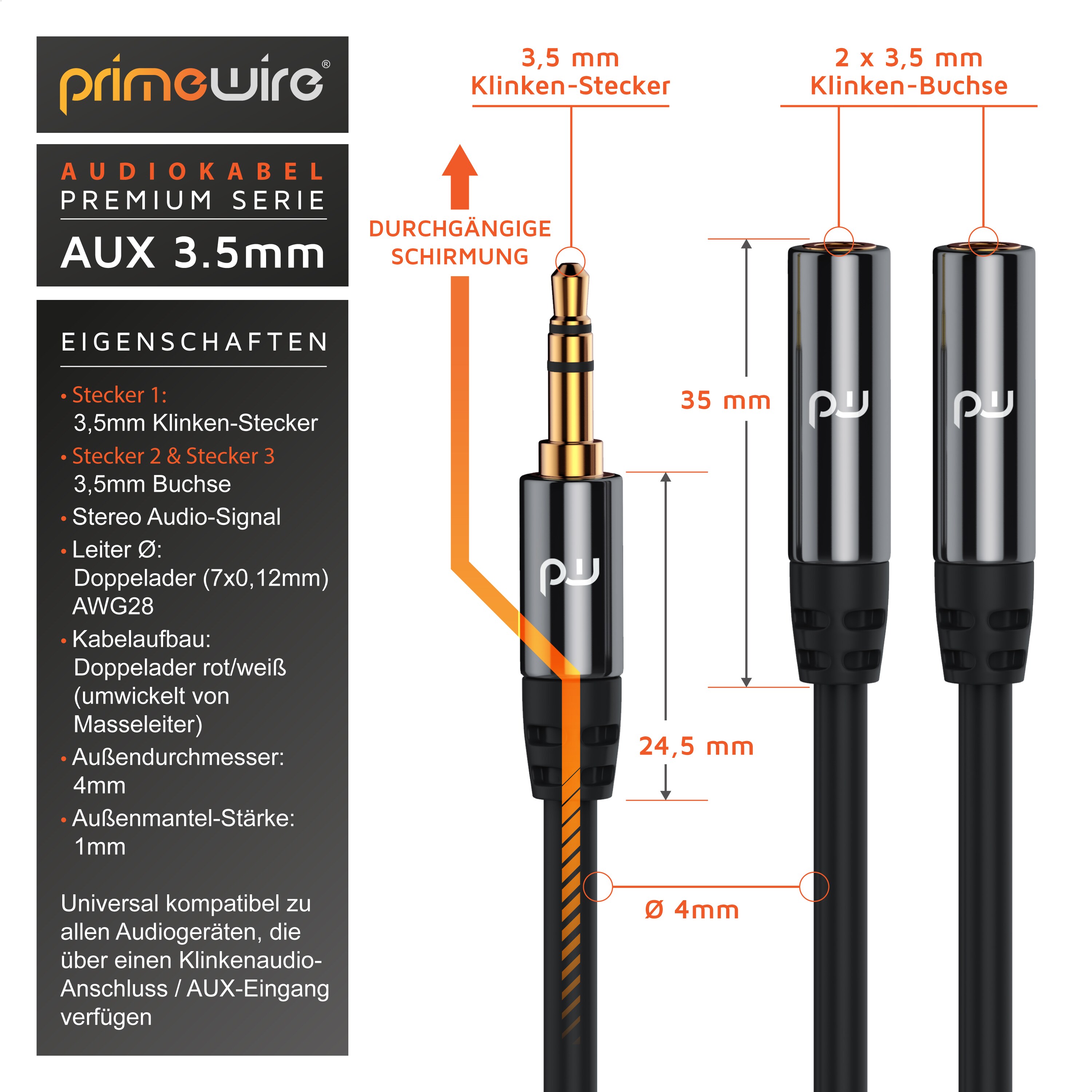Primewire 3,5-mm-Klinke zu 2x 3,5-mm-Buchse Audio-Adapter, 15 cm, Stereo Audio AUX auf 2x Buchse Y-Adapter