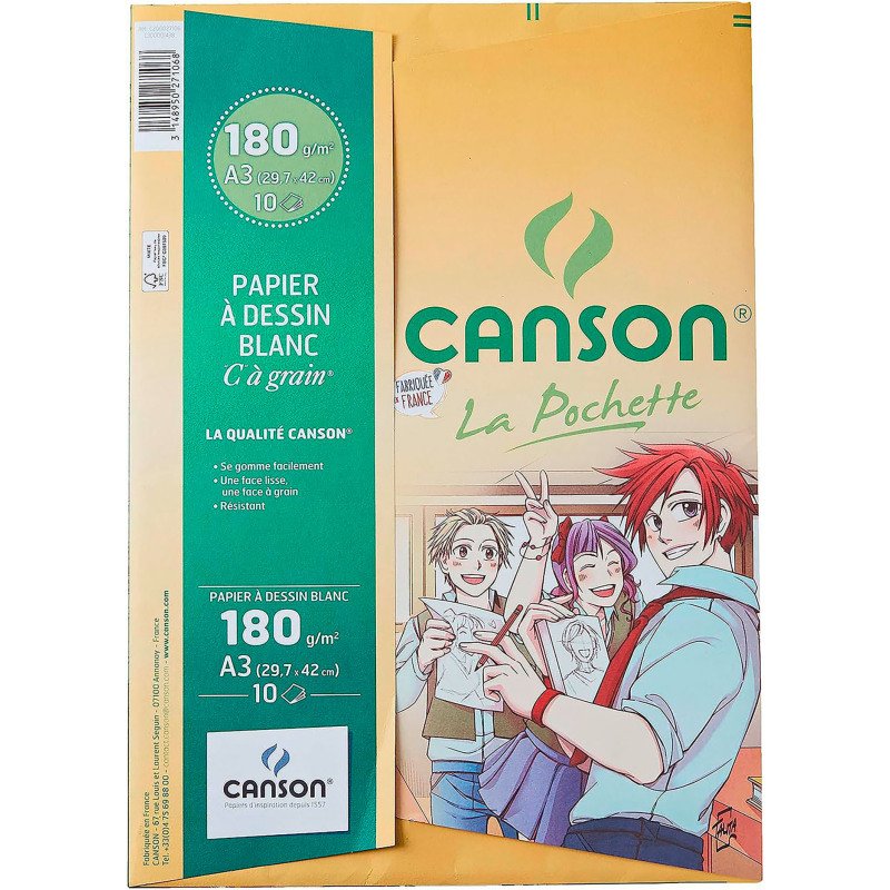 Pochette de 10 feuilles de papier dessin blanc A3 Canson à grain180 g