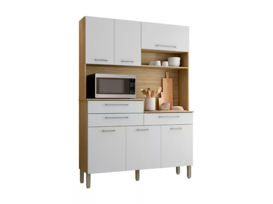 Buffet de Cuisine 6 Portes 3 Tiroirs 9 Niches Chêne Blanc L 138.5 H 195 P 38.8 cm