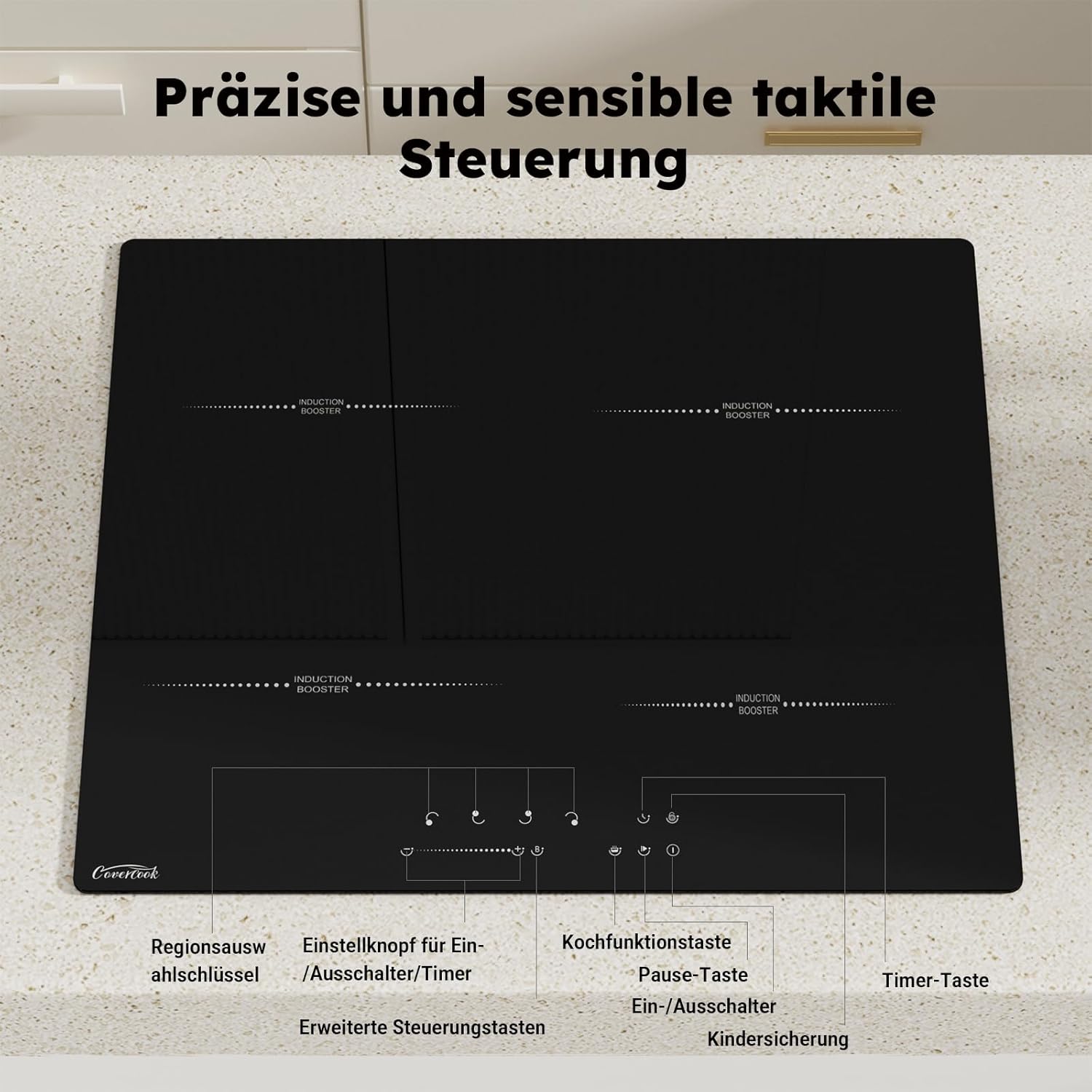 COVERCOOK Stecker und Induktionskochfeld 60 cm,4 Zonen Induktion Herdplatte, Touch-Bedienung Kochfelder Induktionsplatte,Power Booster, 13A 2800W