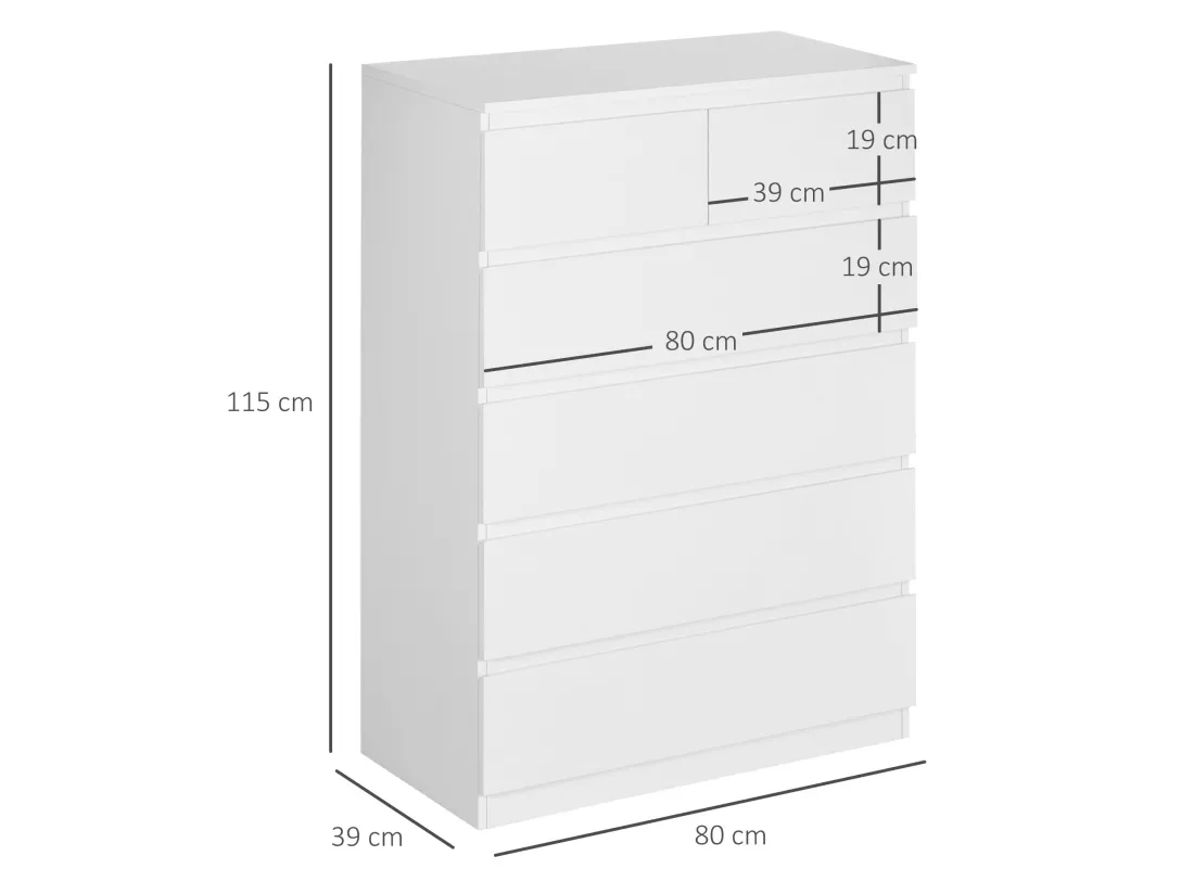 Commode 6 tiroirs style contemporain dim. 80L x 39l x 115H cm poignées invisibles blanc