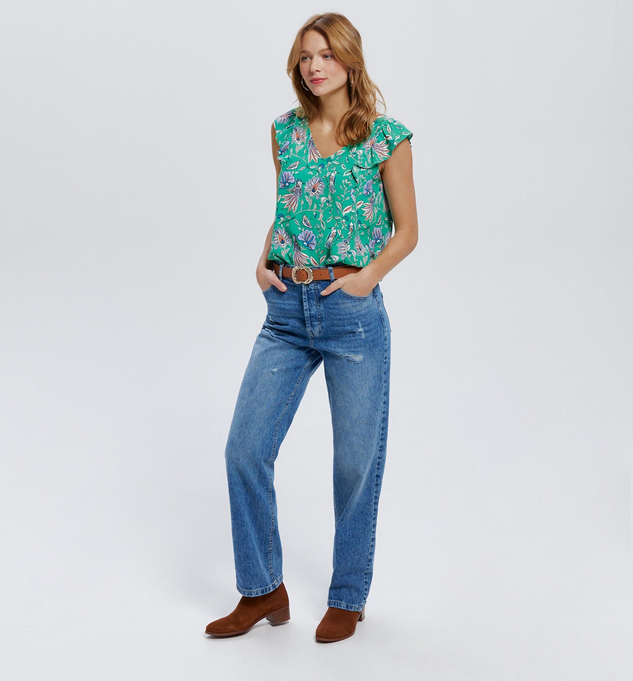 Top à volants Femme - Imprimé vert