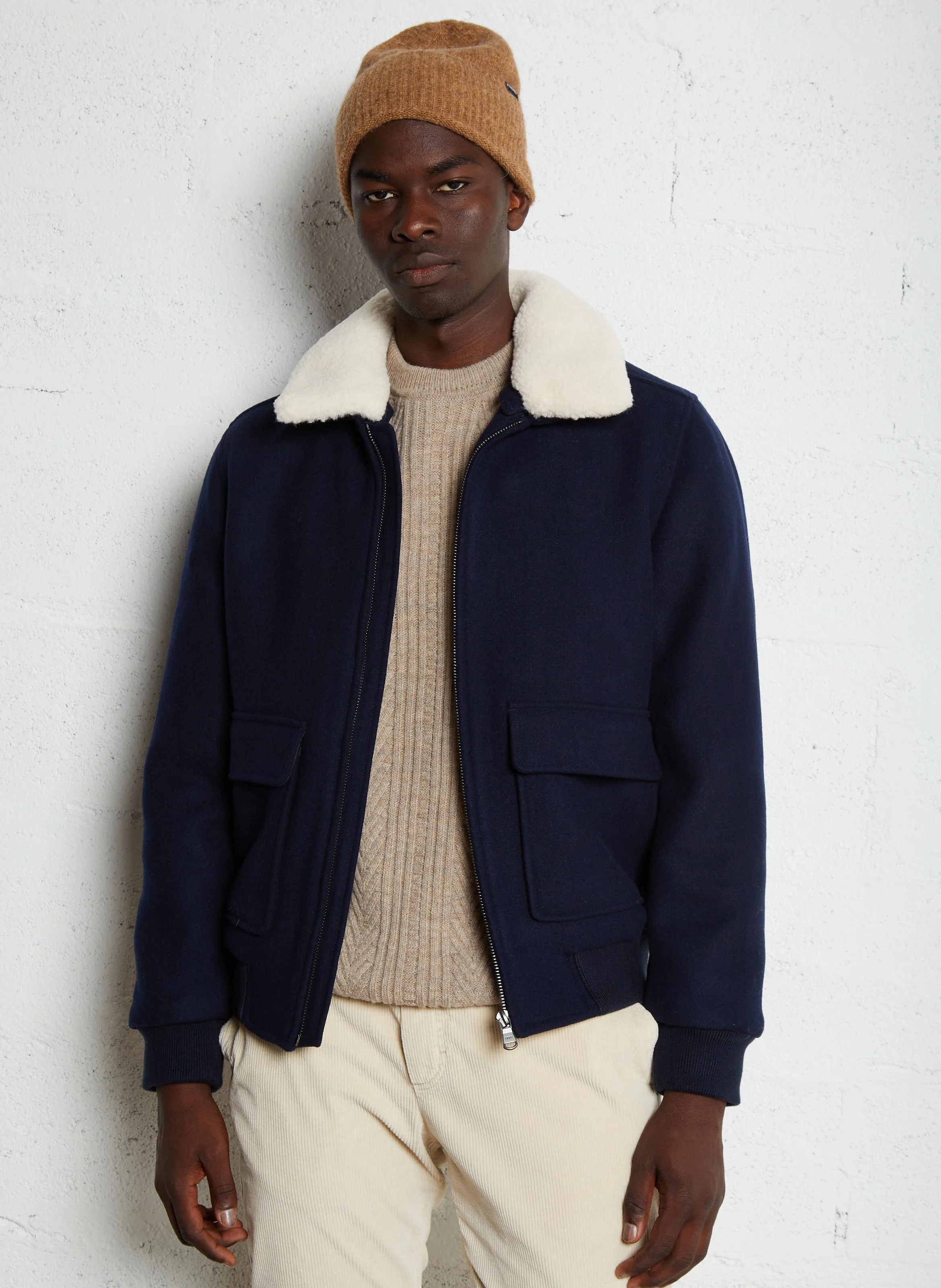 Veste droite col classique en laine mélangée | Bleu