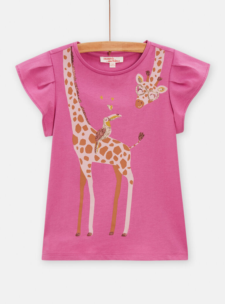 T-shirt rose animation girafe et toucan pour fille