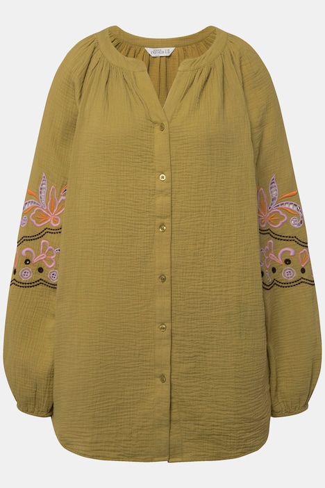 Musselin-Bluse, oversized, Tunika-Ausschnitt, Stickereien